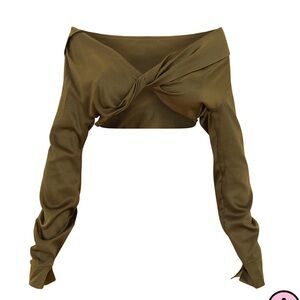 PLT Khaki Satin Twist Front Crop Blouse